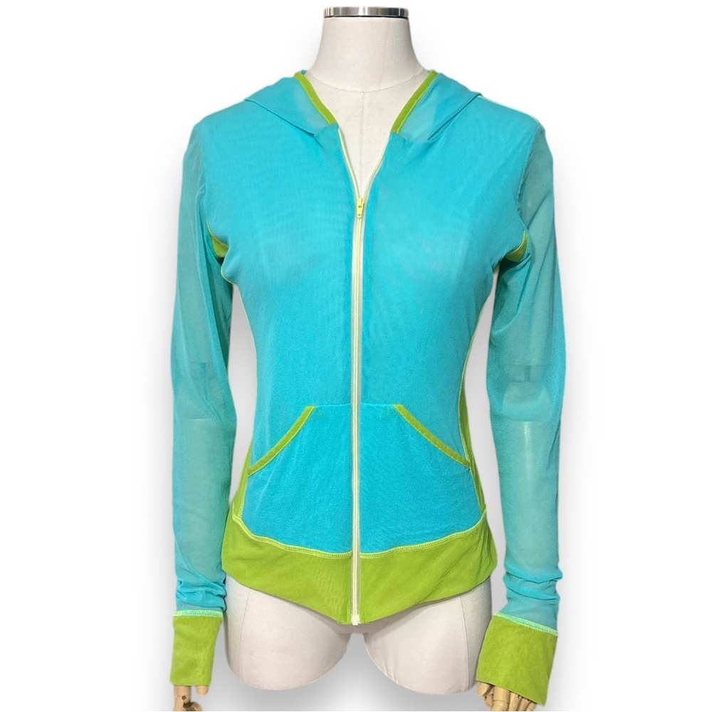 PETITE POIS by Viviana G Long Sleeve Color Block Mesh Zip Front Hoodie